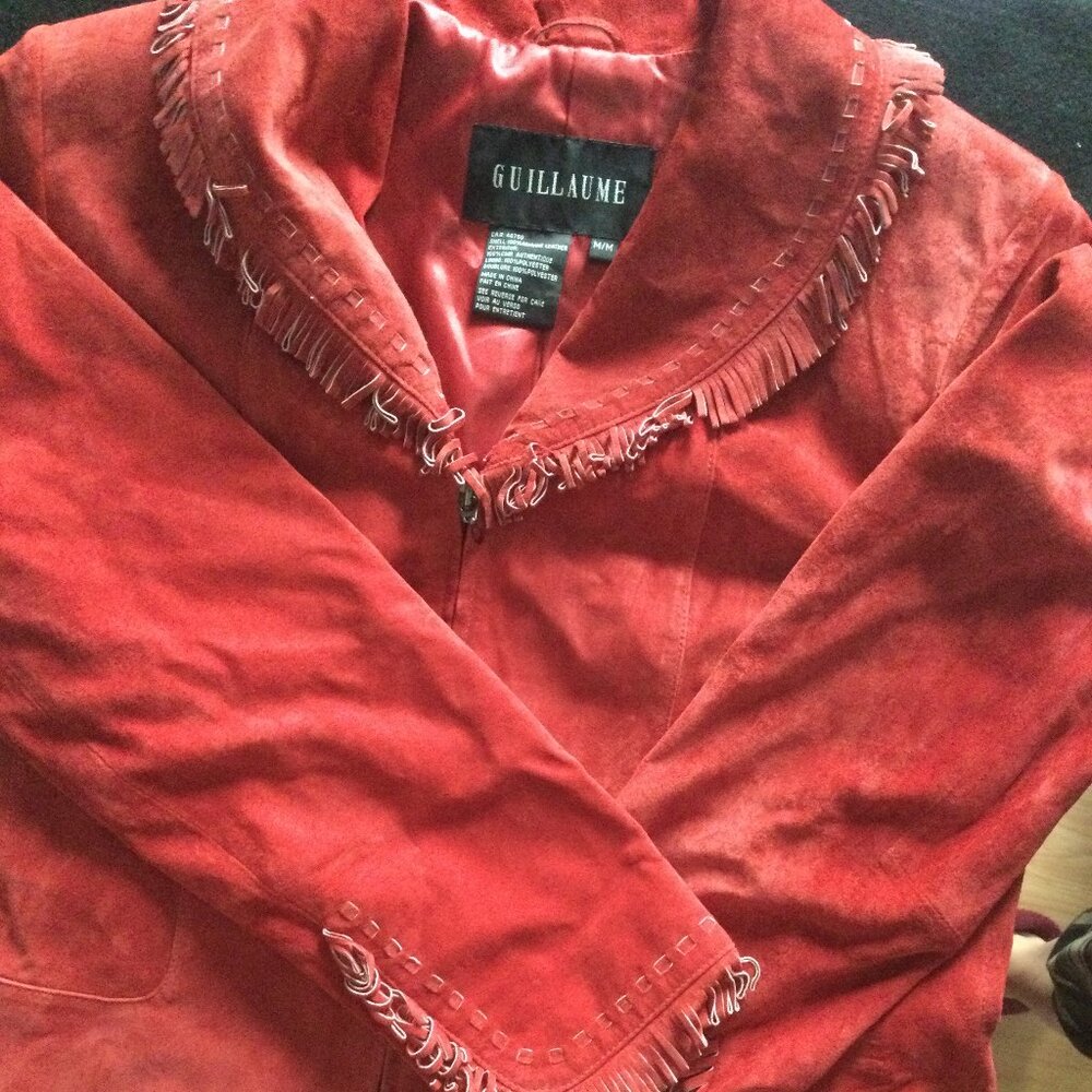 Guillaume Genuine leather red women's jacket zipper no pocket fringe size M